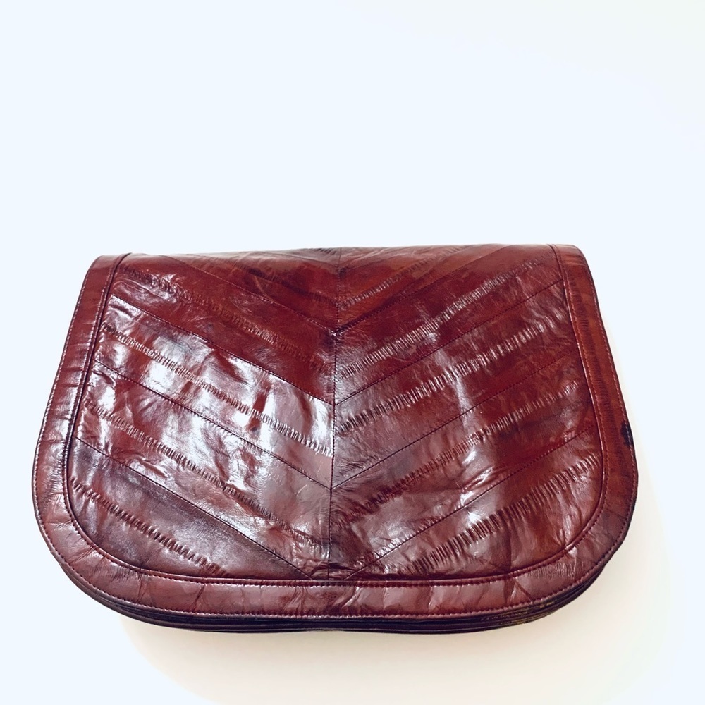VINTAGE EEL LEATHER Curved Clutch/Should Bag, Burgundy